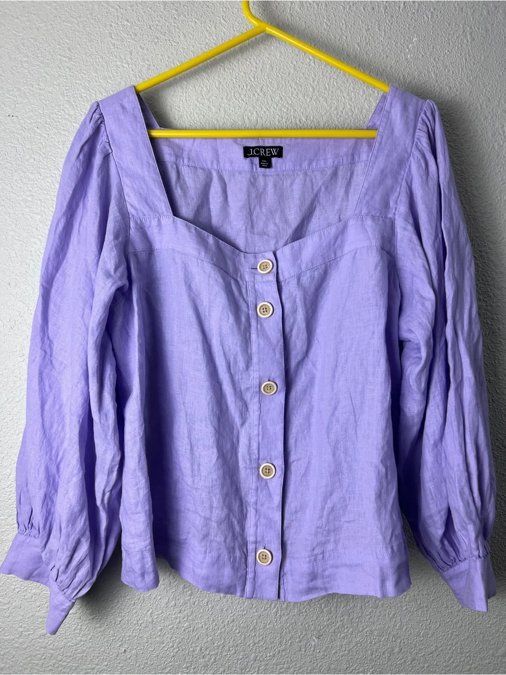 J. Crew Lavender 100% Linen Puff Sleeve Square Neck Button Front Top XXL